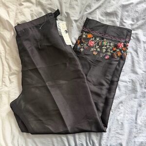 SilkLand Black Silk Pants with Multicolor Embroidery like Johnny Was